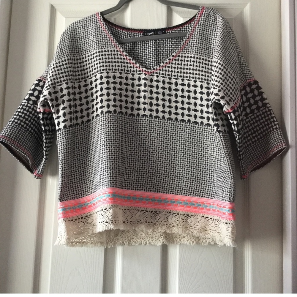 Gypsy 05 3/4 Sleeve Boho Embroidered Crochet Top Medium